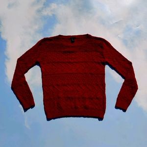 Red Sweater with Cool Pattern Texture Fisherman Knit Sweater Cable Knit Sweater